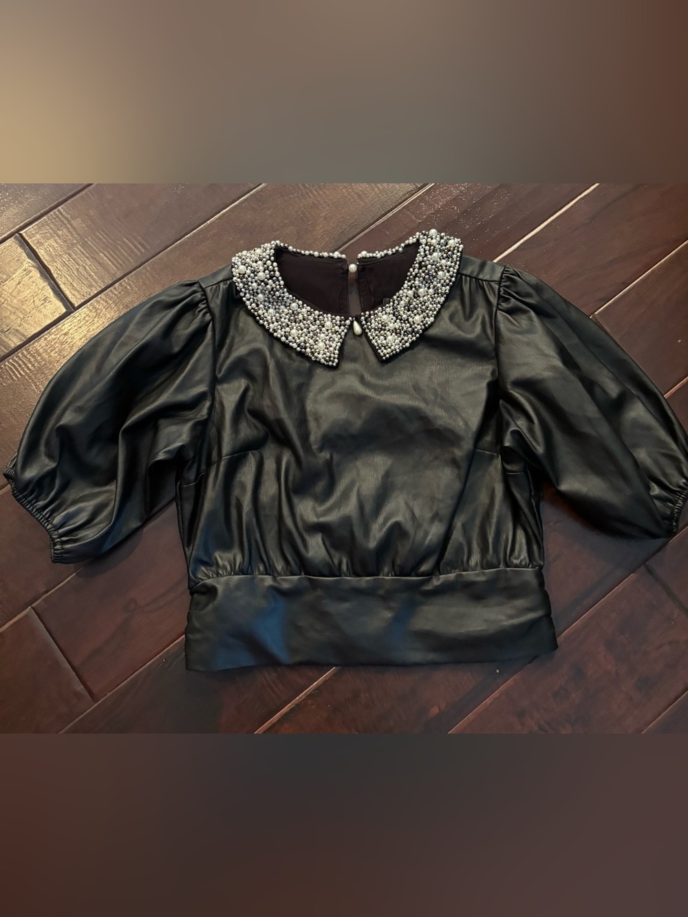 Maeve Faux Leather Puff-Sleeve Blouse - Size Medium